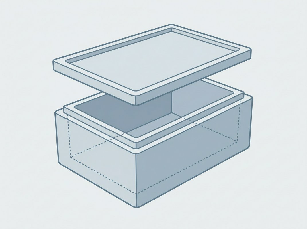 Cross-section line drawing of a polystyrene box showing the gap between the outer edge and the inner cavity, with wall thickness marked in millimetres.